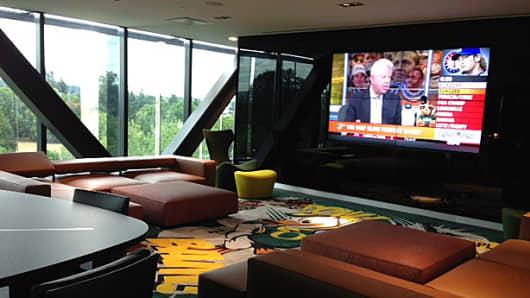 The players' lounge at the University of Oregon's football practice facility. Some of the furnishings feature Italian leather.